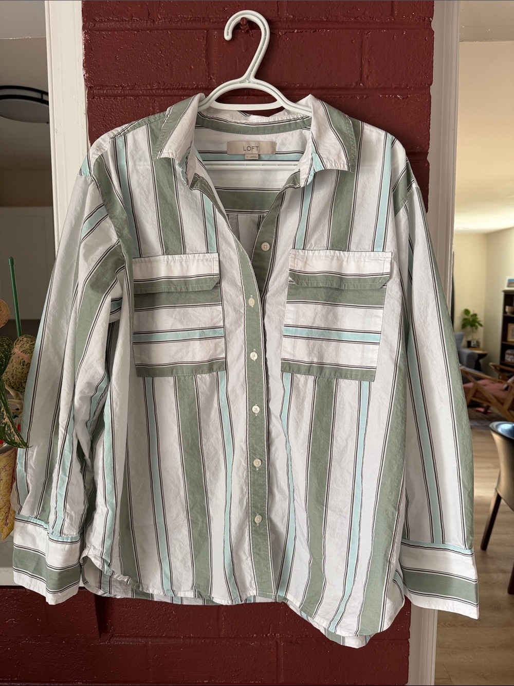 LOFT 100% Cotton Oversized Button-Up Shirt in Sage Green and White Stripes Large